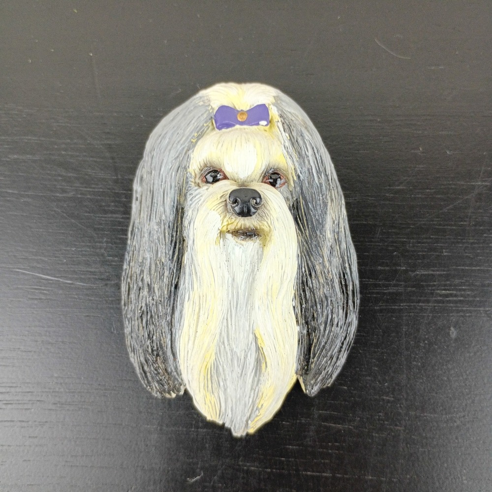 E&S Pets Shih Tzu Dog Head Refrigerator Magnet Long Hair Purple Bow Resin 2003